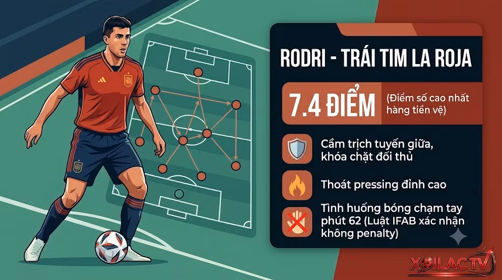 Bảng chấm điểm và sơ đồ phân tích chiến thuật của Rodri trong trận Tây Ban Nha đụng độ Bỉ, đạt 7.4 điểm cao nhất hàng tiền vệ theo đánh giá từ Xoilac.