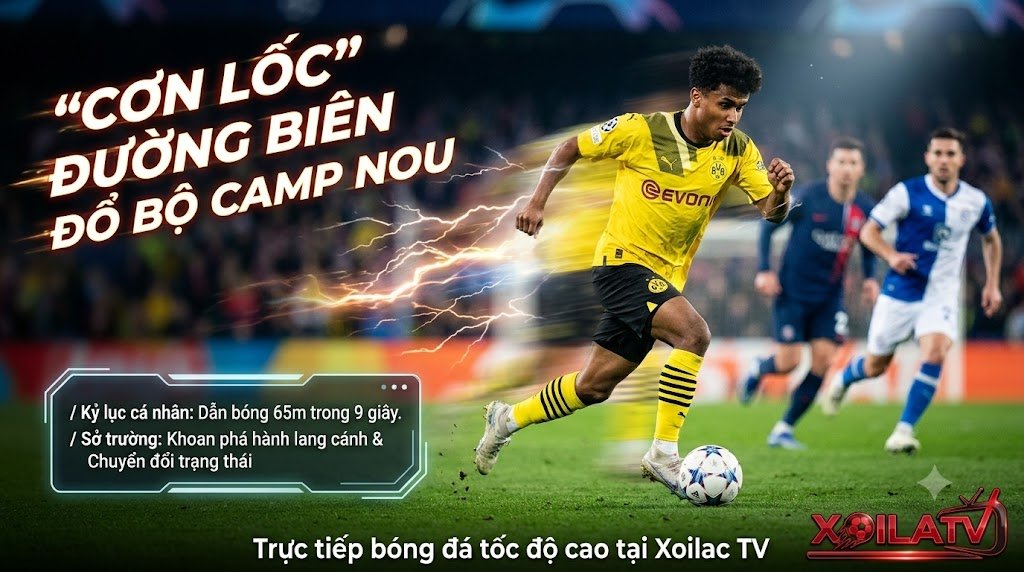 Khoảnh khắc bứt tốc xé gió của tiền đạo Karim Adeyemi, minh họa cho kỷ lục dẫn bóng tốc độ cao của tân binh Barcelona, hình ảnh từ nền tảng xem bóng đá trực tuyến Xoilac TV.