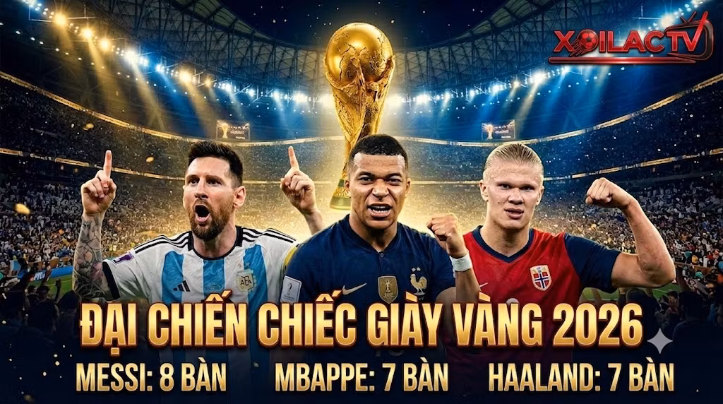Hình ảnh so sánh 5 ứng cử viên hàng đầu cho danh hiệu Chiếc giày vàng World Cup 2026: Lionel Messi, Kylian Mbappe, Erling Haaland, Harry Kane và Jude Bellingham.