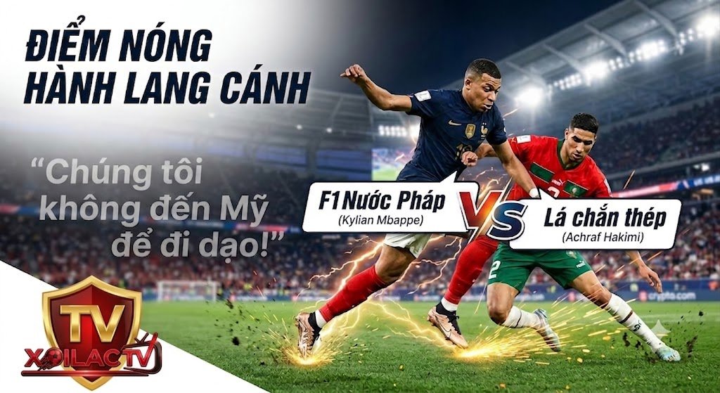 Màn đối đầu nảy lửa bên hành lang cánh giữa tiền đạo Kylian Mbappe (Pháp) và hậu vệ Achraf Hakimi (Morocco) tại tứ kết World Cup 2026.