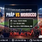 Ảnh bìa nhận định và link xem trực tiếp bóng đá Pháp vs Morocco tại tứ kết World Cup 2026 trên nền tảng Xoilac TV.