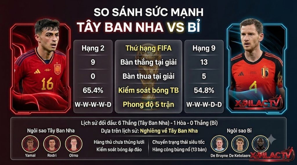 Bảng thống kê so sánh sức mạnh và lịch sử đối đầu Tây Ban Nha vs Bỉ