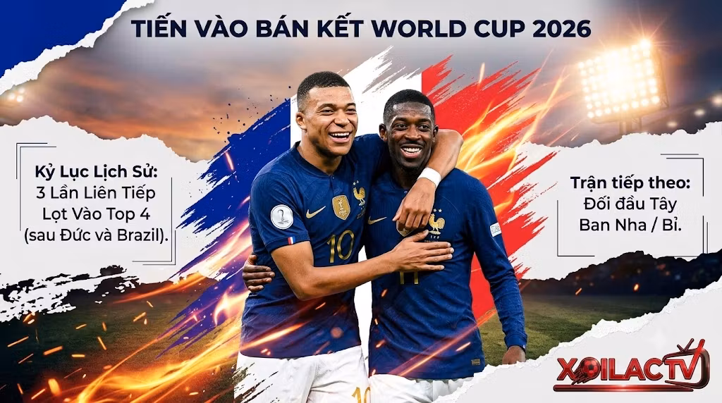 Kylian Mbappe và Ousmane Dembele ăn mừng tuyển Pháp lọt vào bán kết World Cup 2026 lần thứ 3 liên tiếp - Theo dõi lịch thi đấu Xoilac TV.